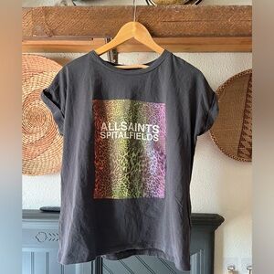 All Saints Black/Gray Short Sleeve Tee with Rainbow Leopard Print